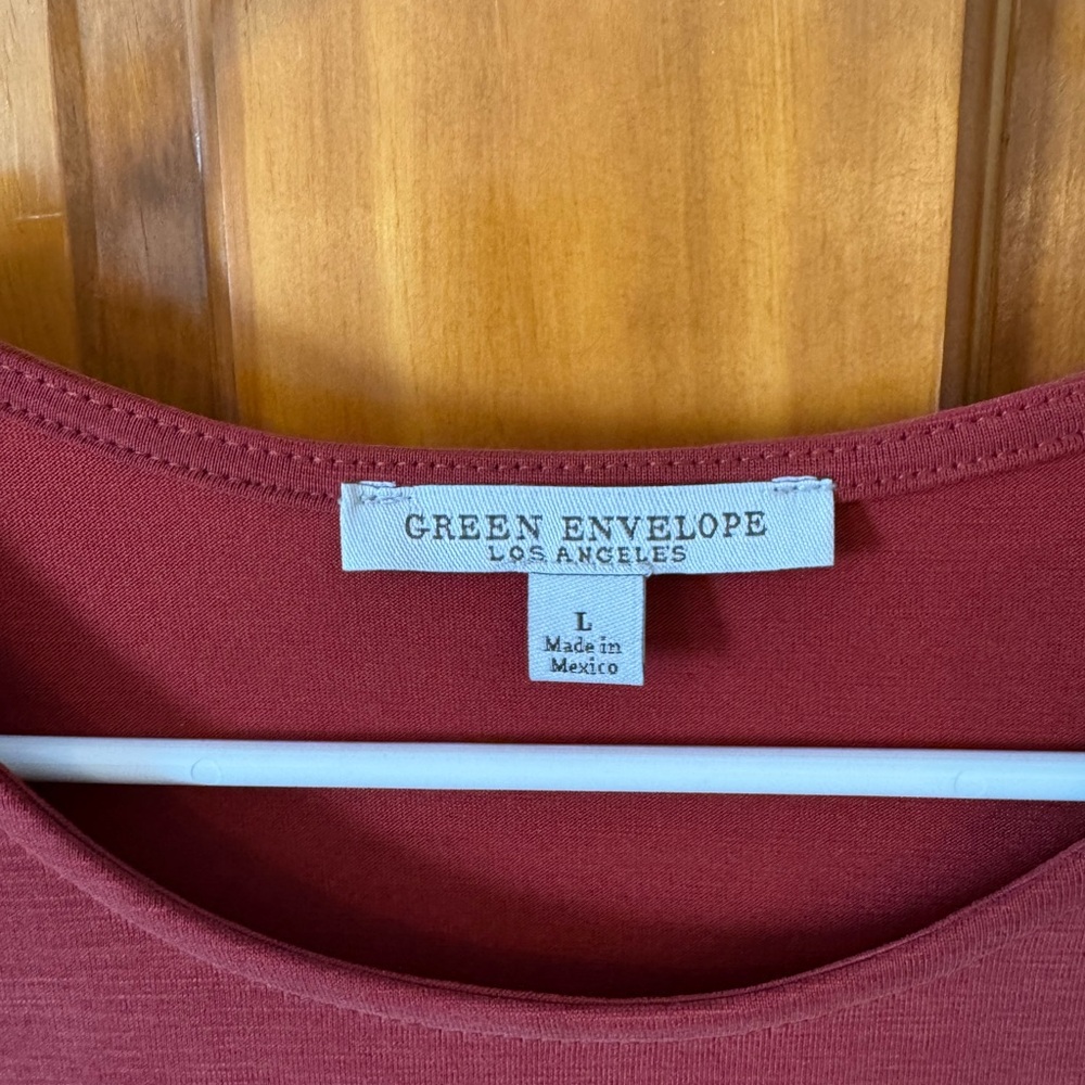 Green Envelope Rust Red Blouse